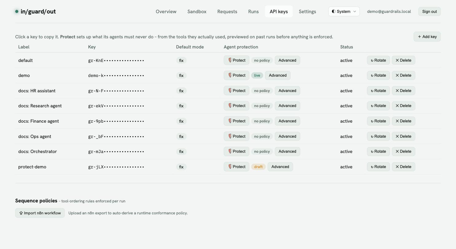 The API keys tab, with a Protect button and a status chip for each key