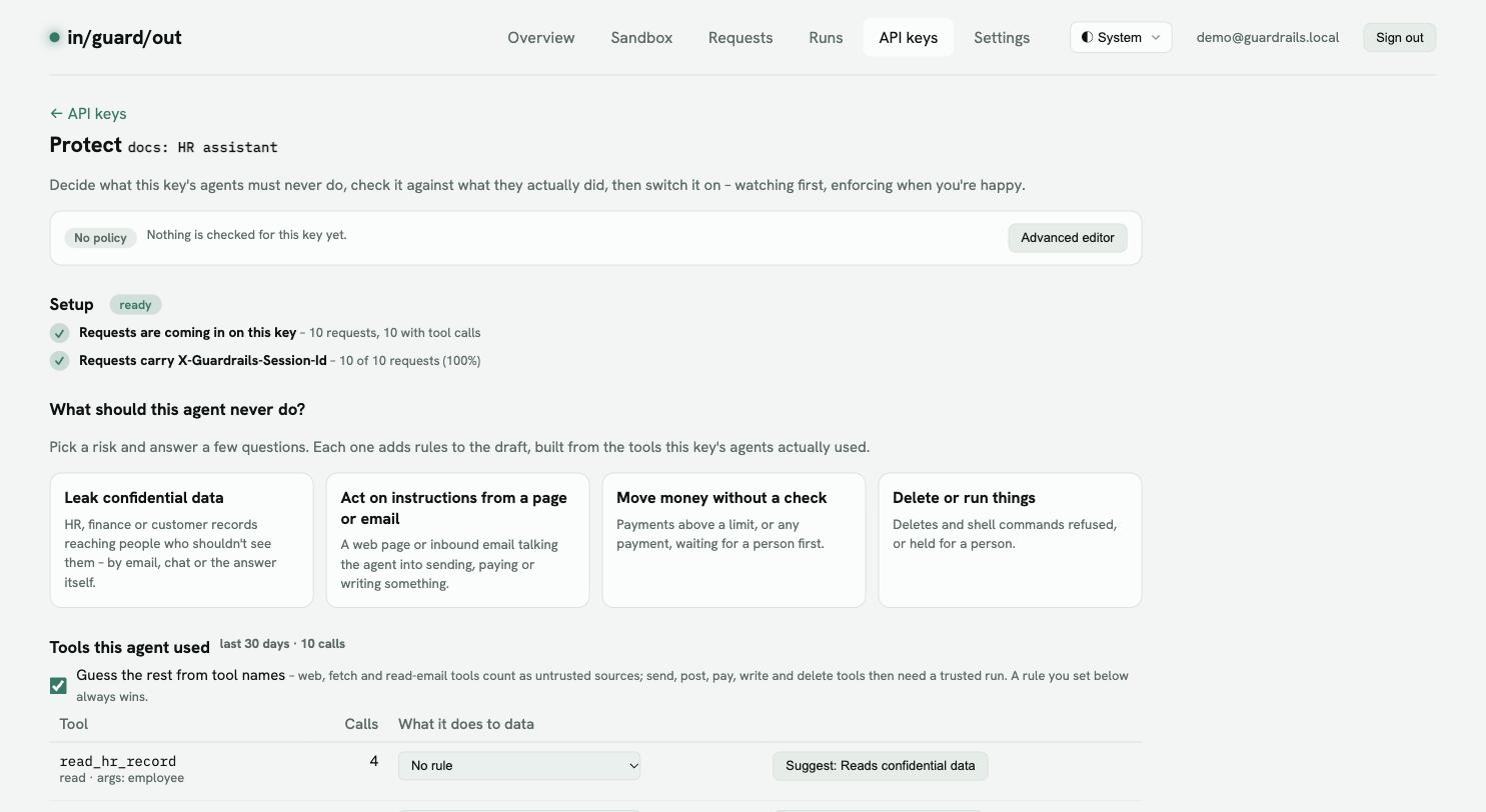 The Protect page for an HR assistant: status bar, setup checklist, the four risks, and the tools the agent used