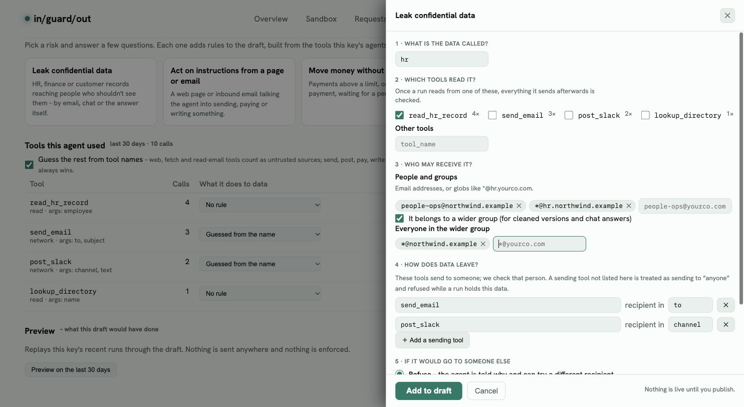 Leak confidential data, top half: the data is called hr, read_hr_record is ticked, people-ops and *@hr.northwind.example may receive it, the wider group is *@northwind.example, and send_email and post_slack are detected as sending tools