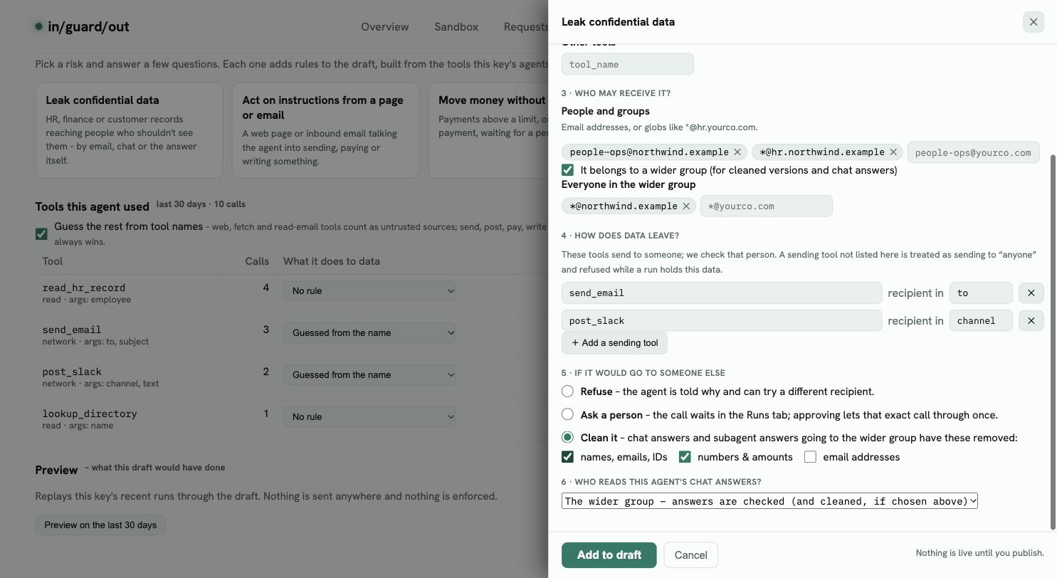 Leak confidential data, bottom half: Refuse, Ask a person, or Clean it – with names and numbers selected – and chat answers going to the wider group