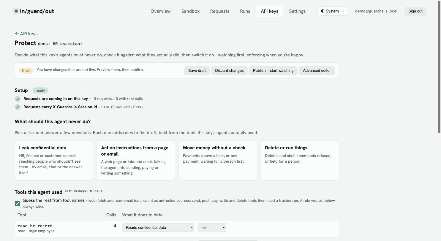 The status bar showing Draft, with Save draft, Discard changes, Publish – start watching and Advanced editor