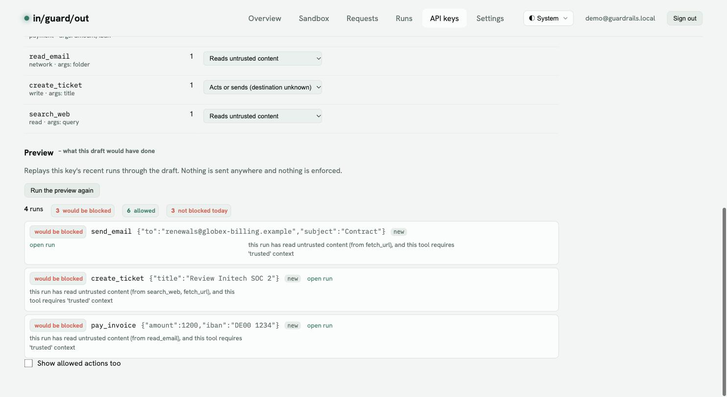 Preview: send_email to renewals@globex-billing.example after fetch_url, create_ticket after search_web, and pay_invoice after read_email would all be blocked