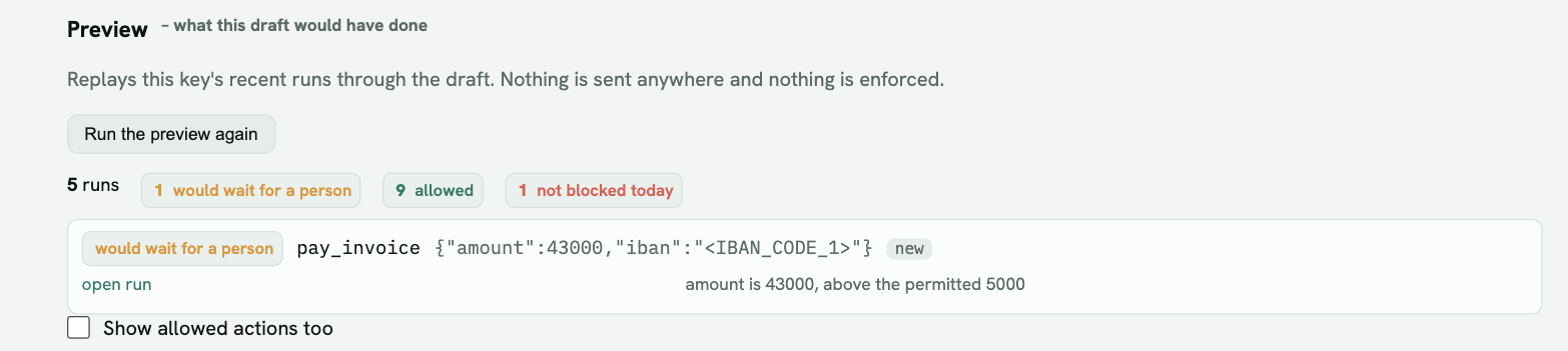 Preview: a pay_invoice of 43000 would wait for a person – amount is 43000, above the permitted 5000