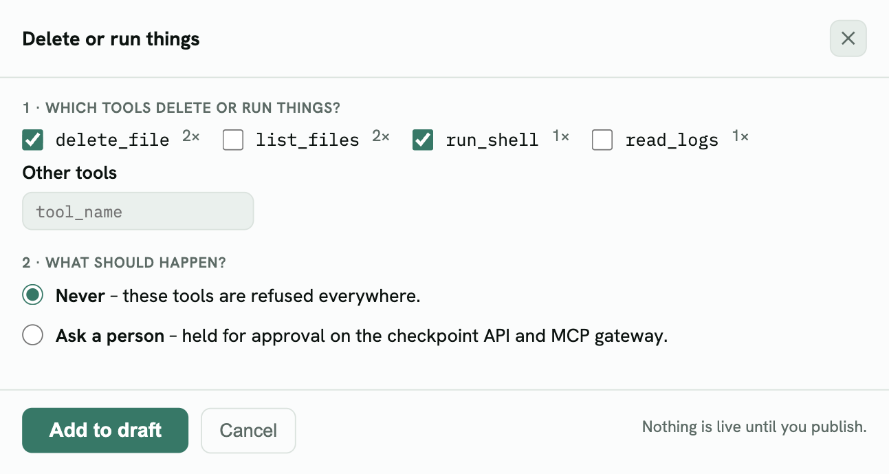 Delete or run things: delete_file and run_shell ticked, Never selected