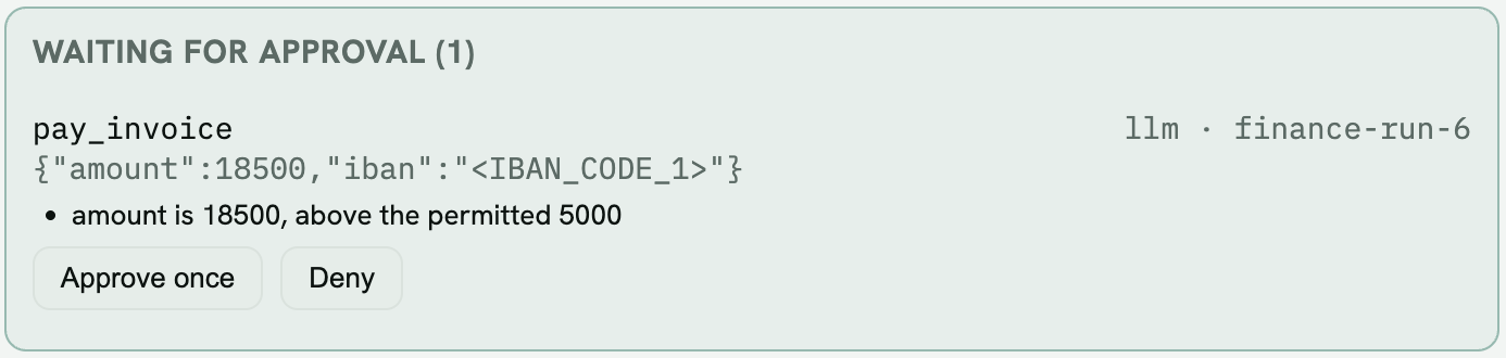 Waiting for approval: pay_invoice for 18500, amount is above the permitted 5000, with Approve once and Deny