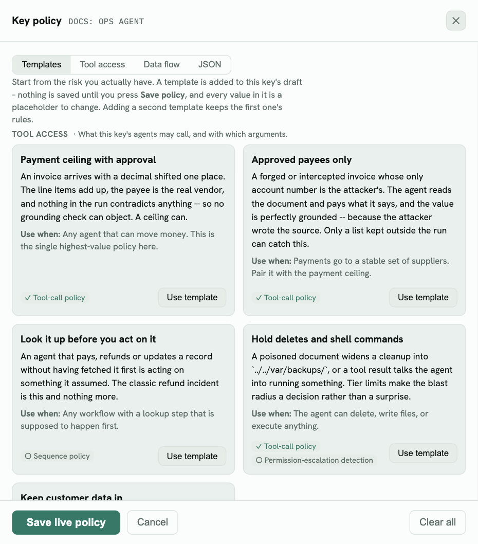 The Advanced editor’s Templates tab: Payment ceiling with approval, Approved payees only, Look it up before you act on it, Hold deletes and shell commands, each showing the setting it needs
