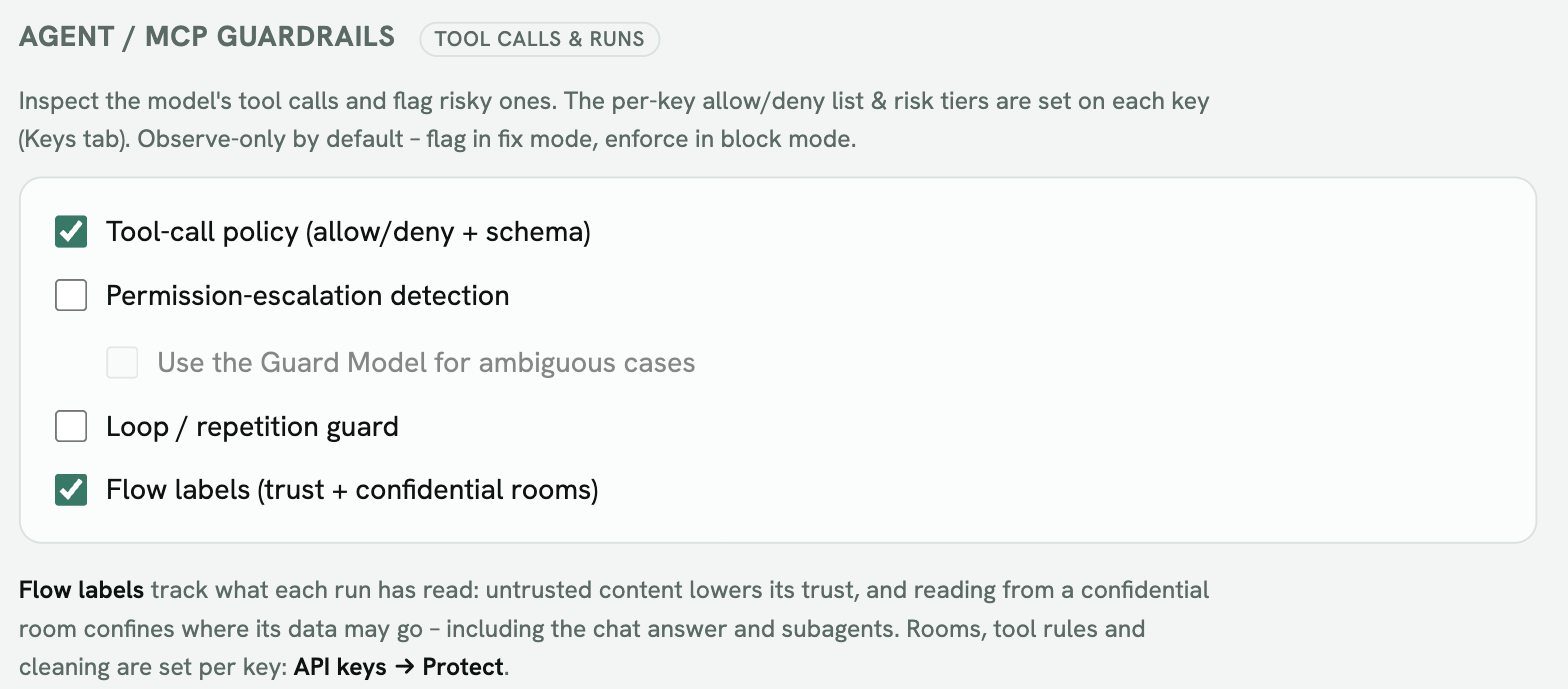 Settings → Agent / MCP guardrails, with Flow labels turned on